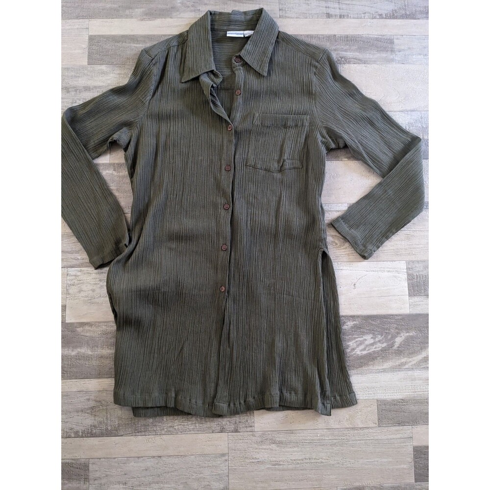 100% Cotton Ribbed Green Collar Button-down Lagenlook Minimalist Sz M Side Slits
